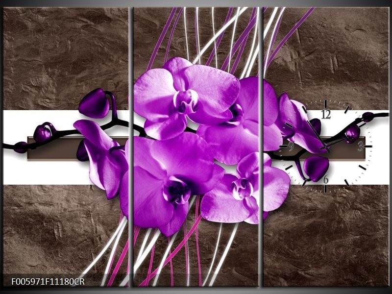 Klok schilderij Orchidee | Paars, Grijs, Wit | 111x80cm 3Luik