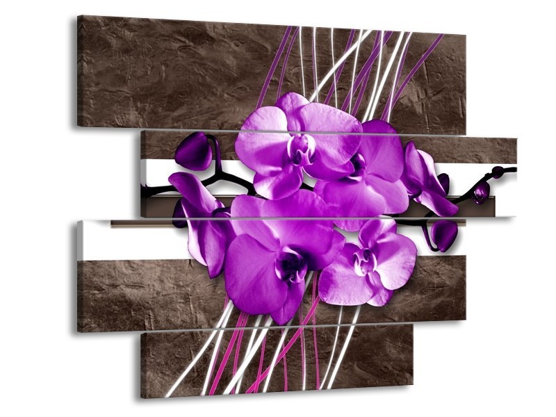 Canvas schilderij Orchidee | Paars, Grijs, Wit | 115x85cm 4Luik
