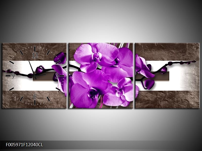 Klok schilderij Orchidee | Paars, Grijs, Wit | 120x40cm 3Luik