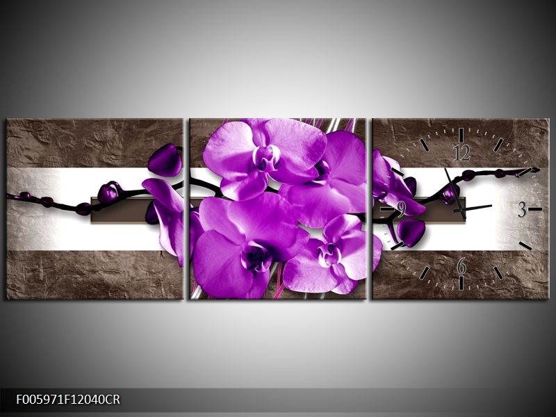 Klok schilderij Orchidee | Paars, Grijs, Wit | 120x40cm 3Luik