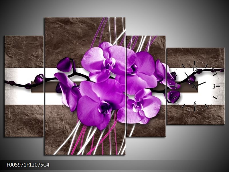 Klok schilderij Orchidee | Paars, Grijs, Wit | 120x75cm 4Luik