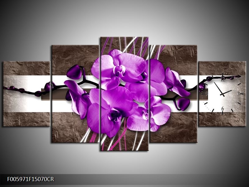 Klok schilderij Orchidee | Paars, Grijs, Wit | 150x70cm 5Luik