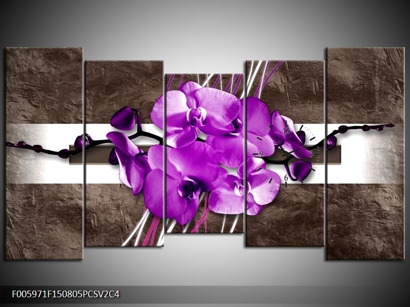 Klok schilderij Orchidee | Paars, Grijs, Wit | 150x80cm 5Luik