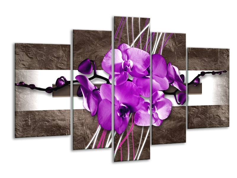 Canvas schilderij Orchidee | Paars, Grijs, Wit | 170x100cm 5Luik