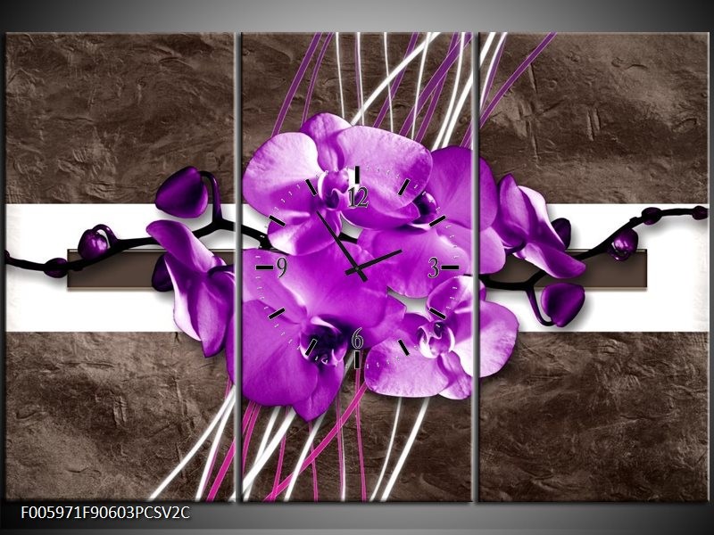 Klok schilderij Orchidee | Paars, Grijs, Wit | 90x60cm 3Luik