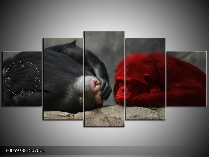Klok schilderij Aap | Grijs, Rood, Wit | 150x70cm 5Luik