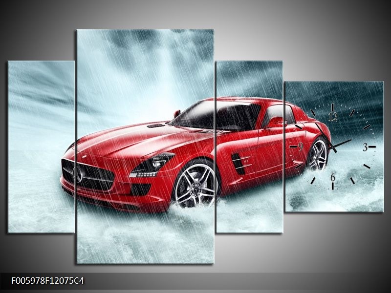 Klok schilderij Mercedes | Wit, Rood, Zwart | 120x75cm 4Luik