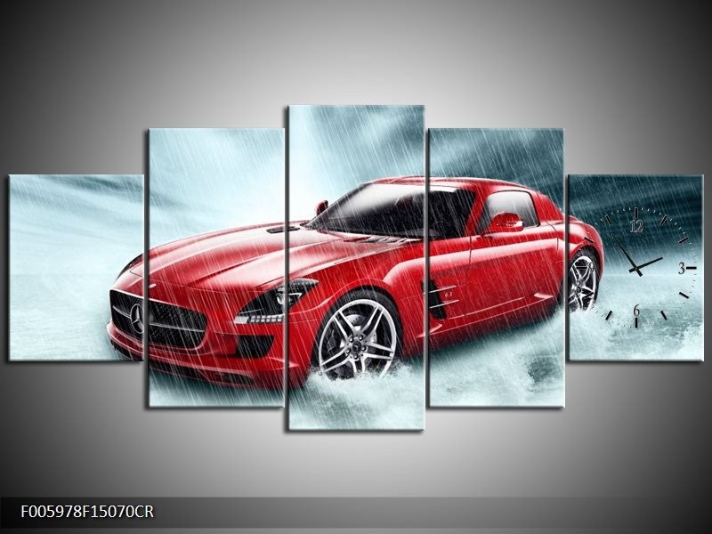 Klok schilderij Mercedes | Wit, Rood, Zwart | 150x70cm 5Luik