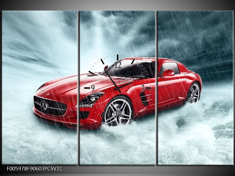 Klok schilderij Mercedes | Wit, Rood, Zwart | 90x60cm 3Luik
