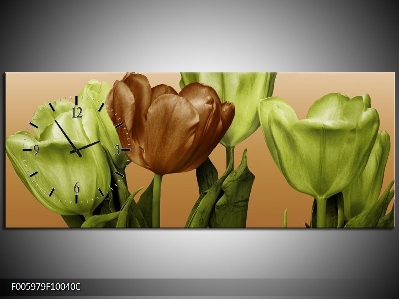 Klok schilderij Tulp | Groen, Bruin, Wit | 100x40cm 1Luik