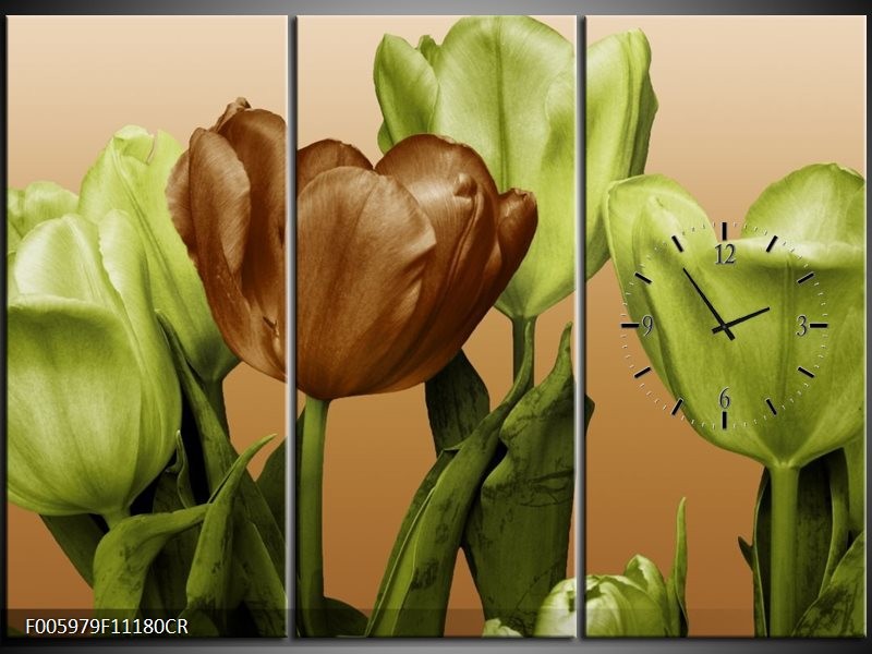 Klok schilderij Tulp | Groen, Bruin, Wit | 111x80cm 3Luik