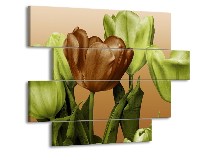 Canvas schilderij Tulp | Groen, Bruin, Wit | 115x85cm 4Luik