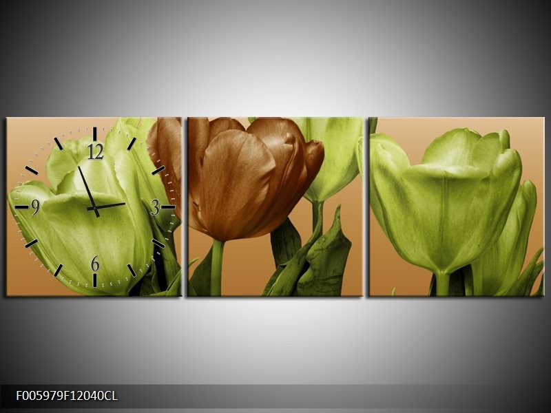 Klok schilderij Tulp | Groen, Bruin, Wit | 120x40cm 3Luik