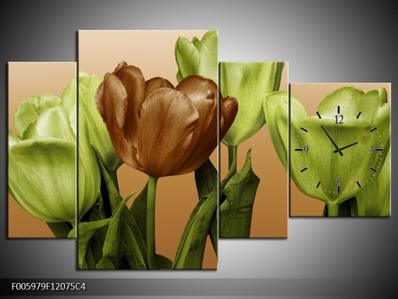 Klok schilderij Tulp | Groen, Bruin, Wit | 120x75cm 4Luik