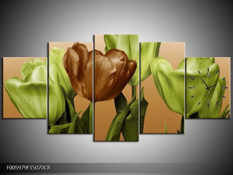 Klok schilderij Tulp | Groen, Bruin, Wit | 150x70cm 5Luik