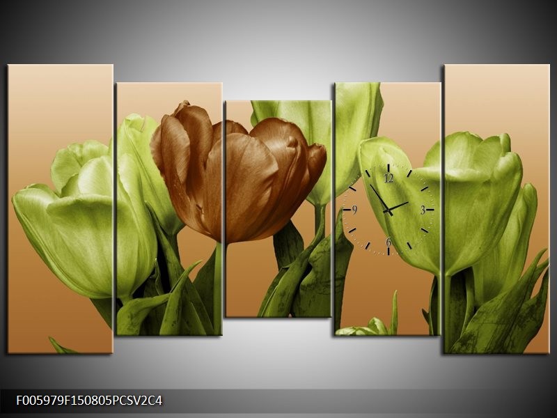 Klok schilderij Tulp | Groen, Bruin, Wit | 150x80cm 5Luik