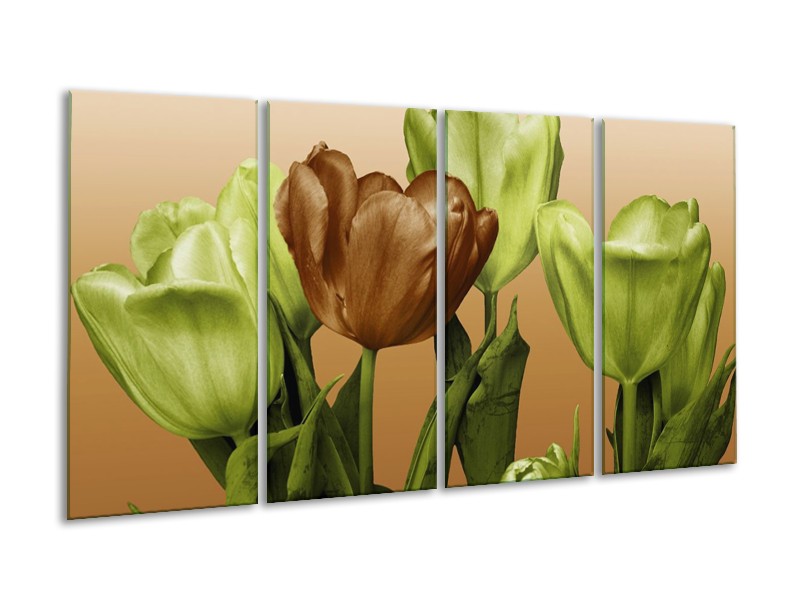 Canvas schilderij Tulp | Groen, Bruin, Wit | 160x80cm 4Luik