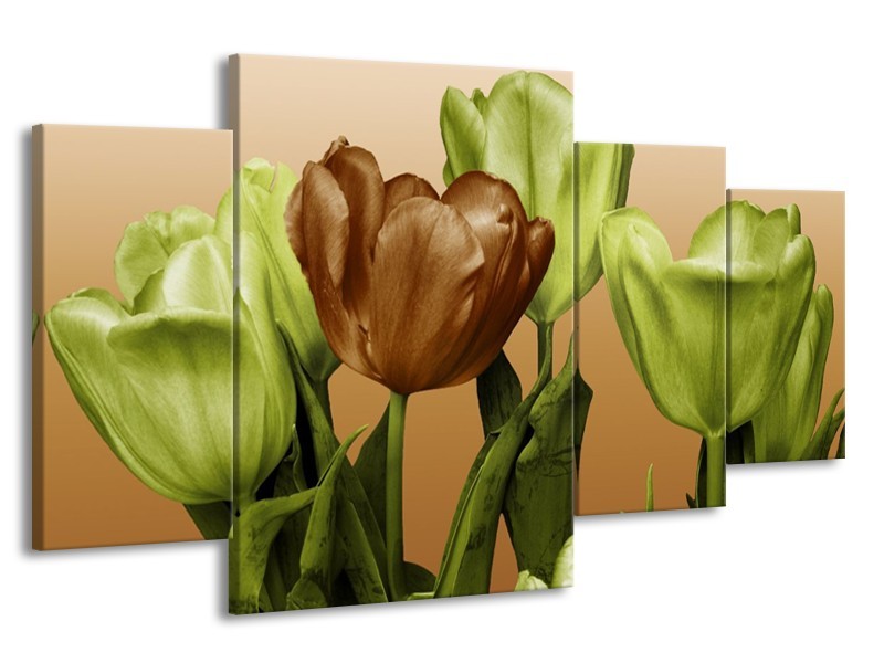Canvas schilderij Tulp | Groen, Bruin, Wit | 160x90cm 4Luik