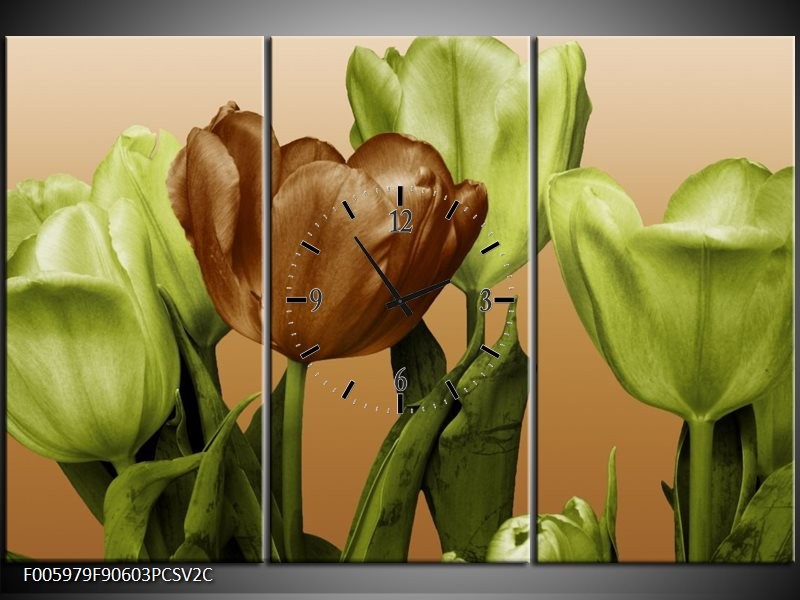 Klok schilderij Tulp | Groen, Bruin, Wit | 90x60cm 3Luik