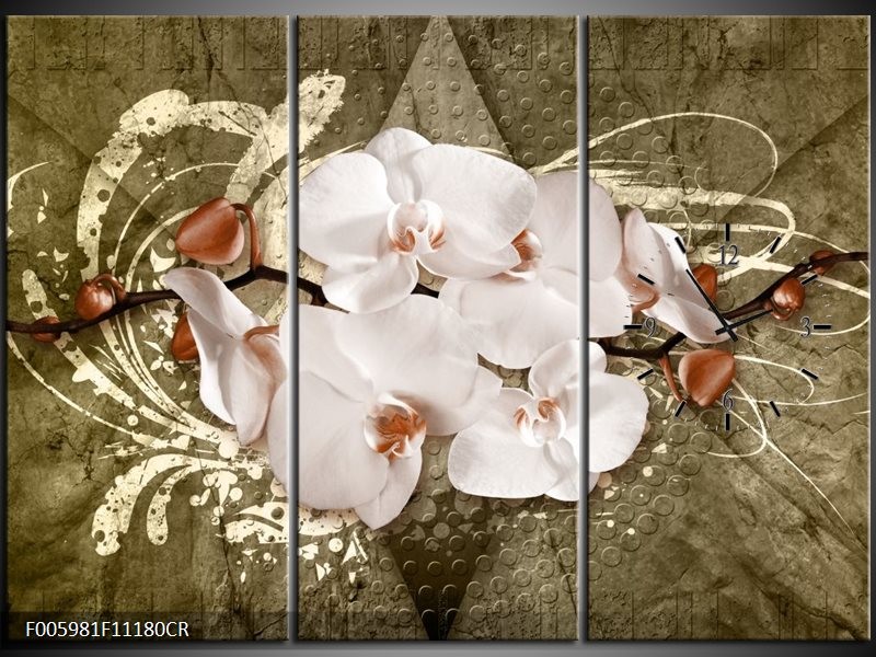 Klok schilderij Orchidee | Goud, Wit, Bruin | 111x80cm 3Luik