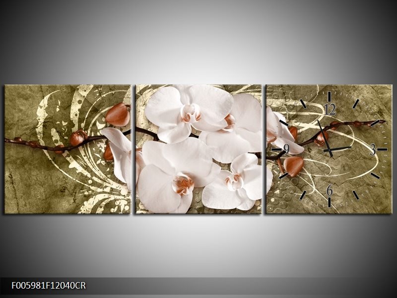 Klok schilderij Orchidee | Goud, Wit, Bruin | 120x40cm 3Luik