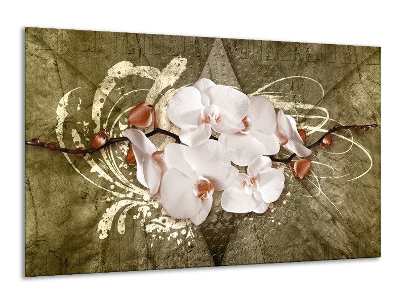 Glas schilderij Orchidee | Goud, Wit, Bruin | 120x70cm 1Luik