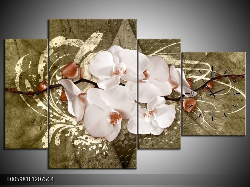 Klok schilderij Orchidee | Goud, Wit, Bruin | 120x75cm 4Luik