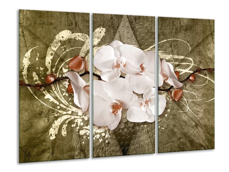 Glas schilderij Orchidee | Goud, Wit, Bruin | 120x80cm 3Luik