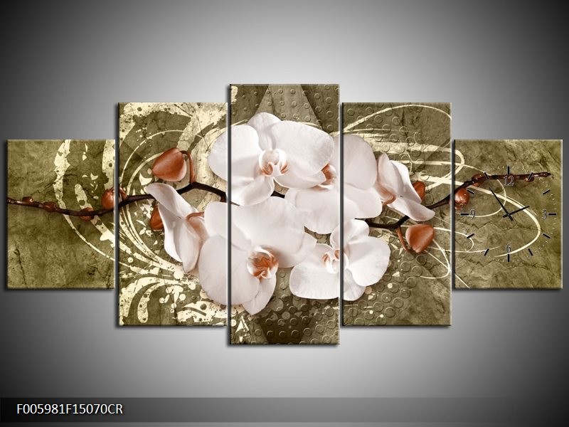 Klok schilderij Orchidee | Goud, Wit, Bruin | 150x70cm 5Luik