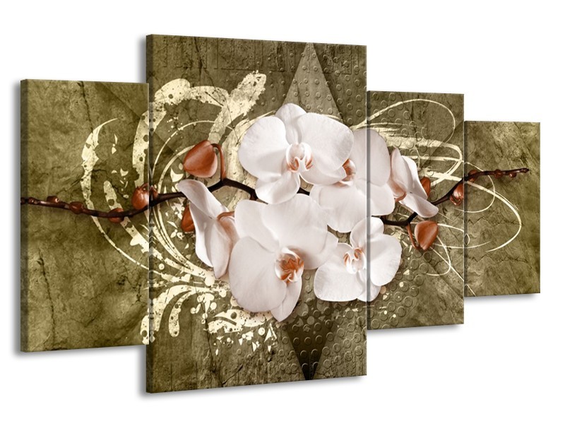 Canvas schilderij Orchidee | Goud, Wit, Bruin | 160x90cm 4Luik