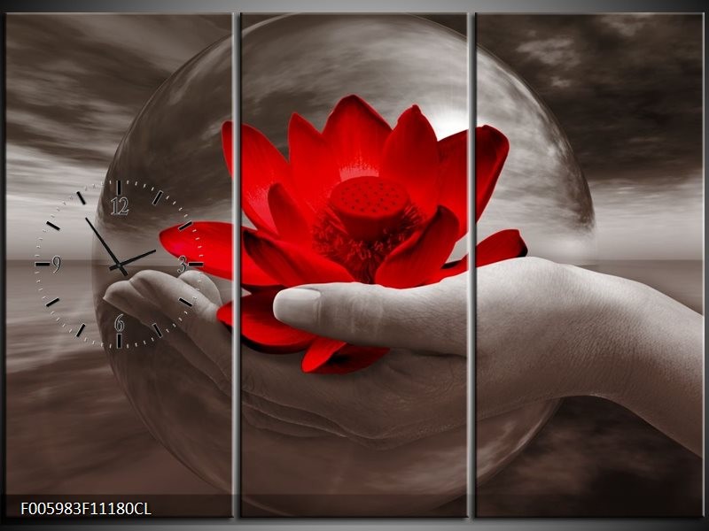 Klok schilderij Bloem | Rood, Sepia, Grijs | 111x80cm 3Luik