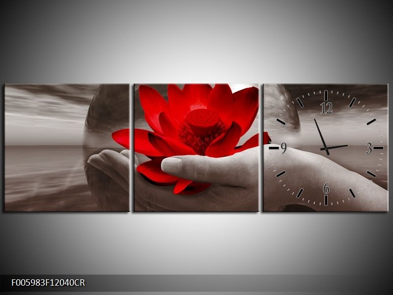 Klok schilderij Bloem | Rood, Sepia, Grijs | 120x40cm 3Luik