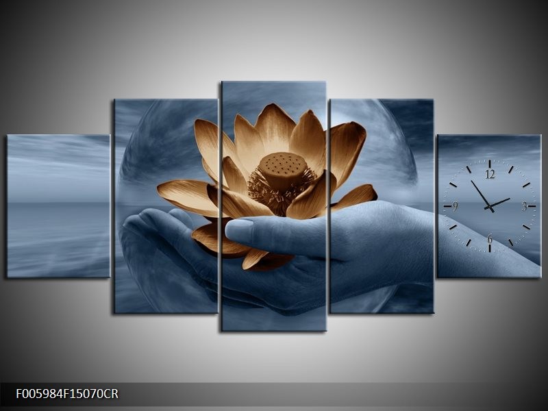 Klok schilderij Bloem | Grijs, Blauw, Bruin | 150x70cm 5Luik