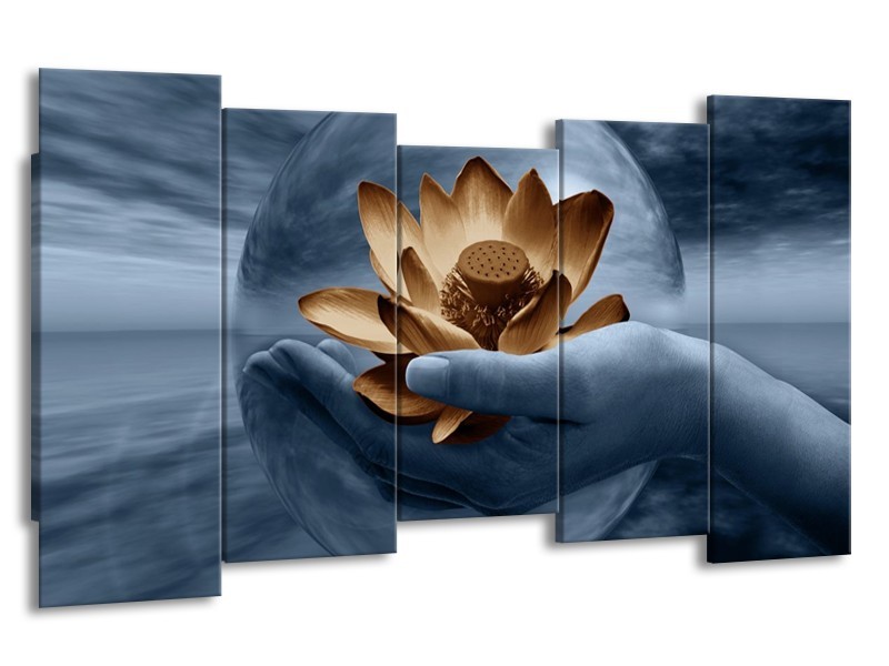 Canvas schilderij Bloem | Grijs, Blauw, Bruin | 150x80cm 5Luik