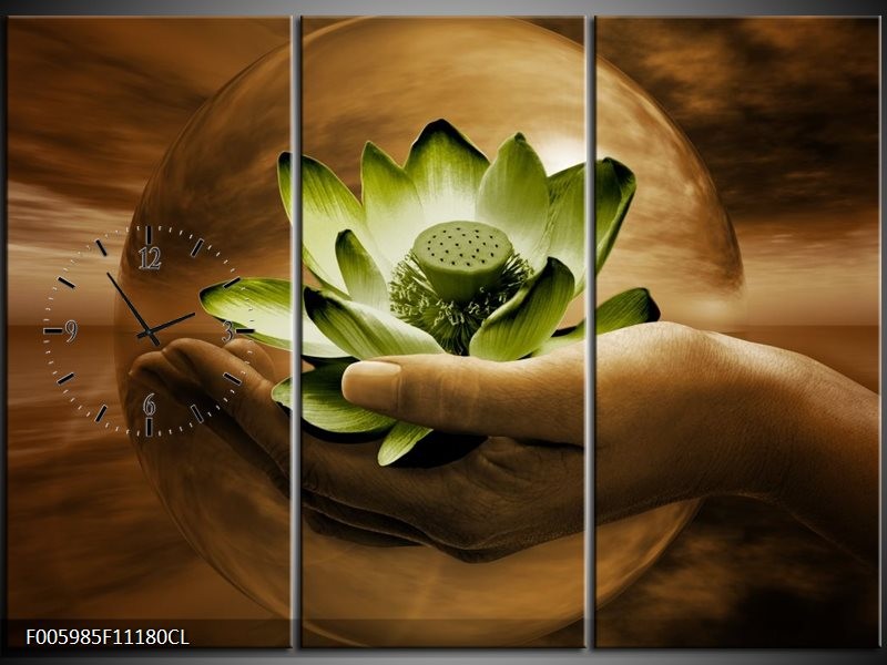Klok schilderij Bloem | Groen, Bruin | 111x80cm 3Luik