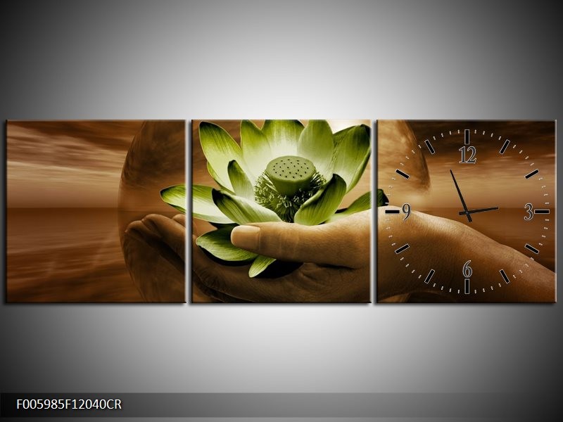 Klok schilderij Bloem | Groen, Bruin | 120x40cm 3Luik