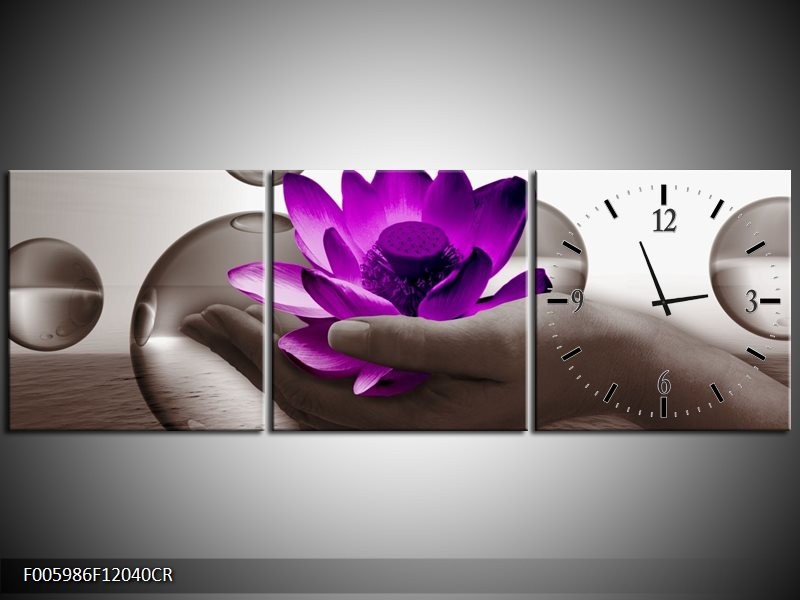 Klok schilderij Bloem | Paars, Grijs | 120x40cm 3Luik