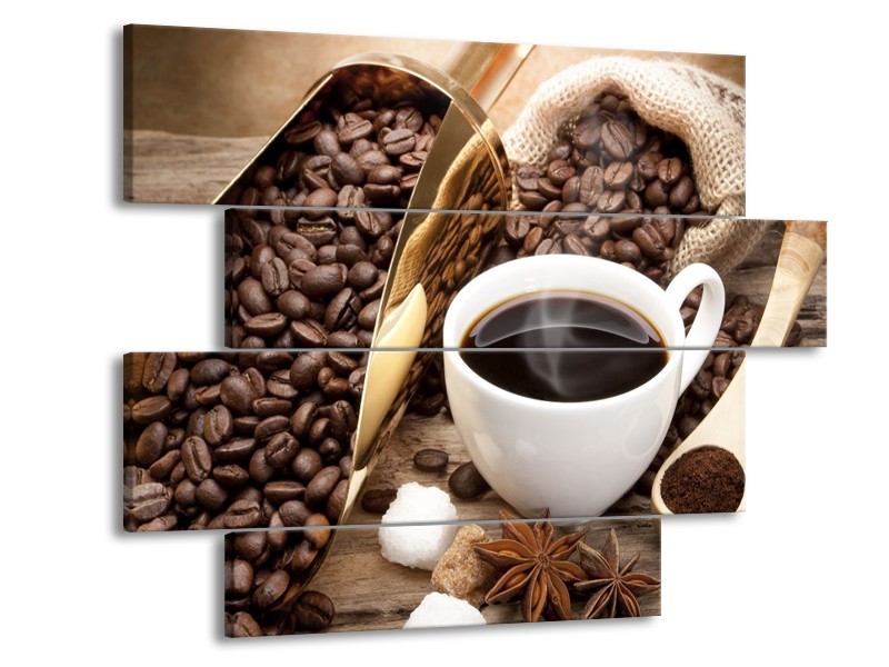 Canvas schilderij Koffie | Bruin, Wit, Goud | 115x85cm 4Luik