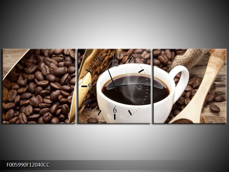 Klok schilderij Koffie | Bruin, Wit, Goud | 120x40cm 3Luik