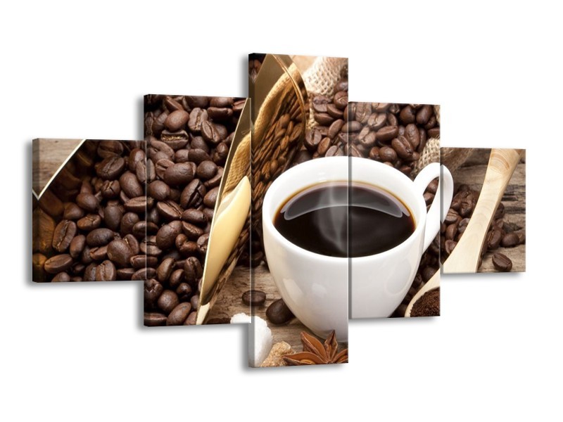 Canvas schilderij Koffie | Bruin, Wit, Goud | 125x70cm 5Luik