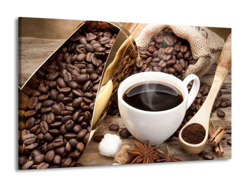 Canvas schilderij Koffie | Bruin, Wit, Goud | 140x90cm 1Luik