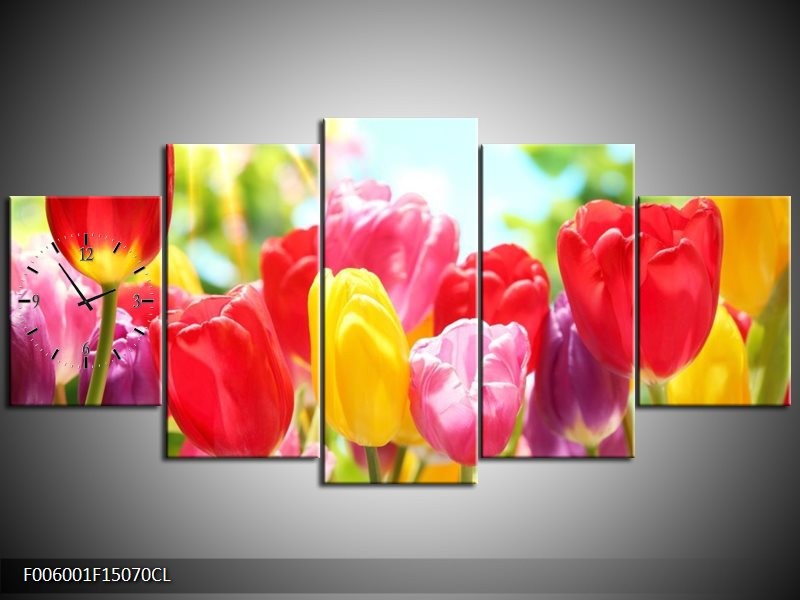 Klok schilderij Tulpen | Rood, Geel, Paars | 150x70cm 5Luik