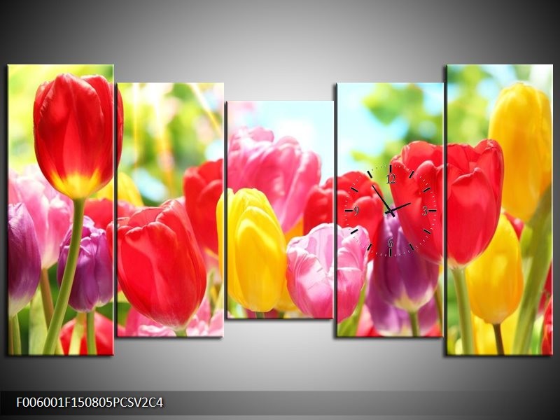 Klok schilderij Tulpen | Rood, Geel, Paars | 150x80cm 5Luik