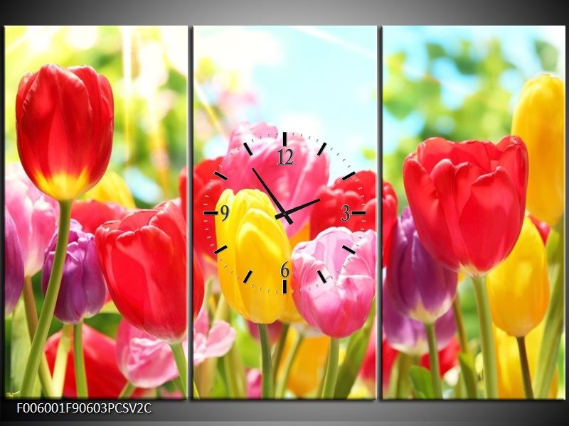 Klok schilderij Tulpen | Rood, Geel, Paars | 90x60cm 3Luik