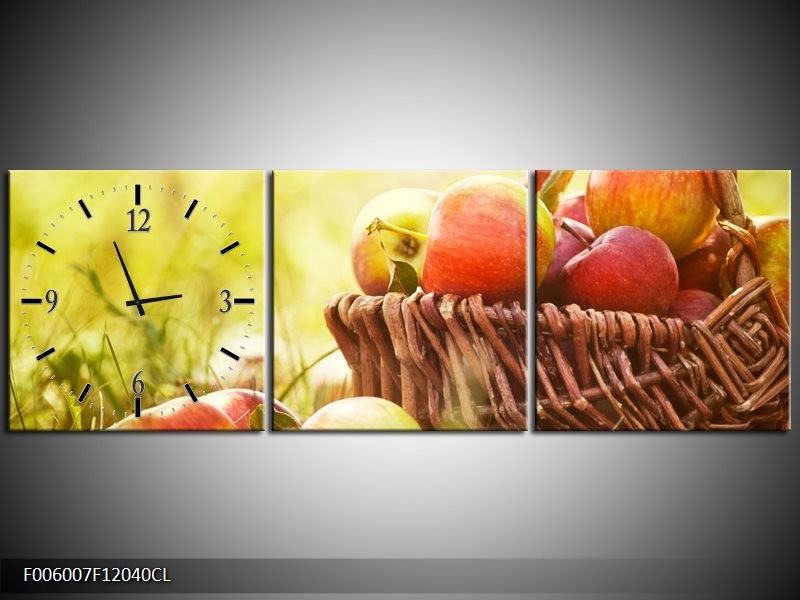 Klok schilderij Appels | Groen, Rood, Bruin | 120x40cm 3Luik