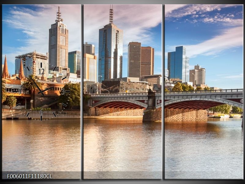 Klok schilderij Wolkenkrabber | Grijs, Bruin, Blauw | 111x80cm 3Luik