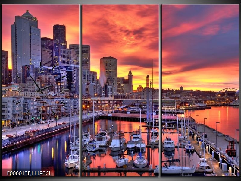 Klok schilderij Haven | Oranje, Rood, Grijs | 111x80cm 3Luik