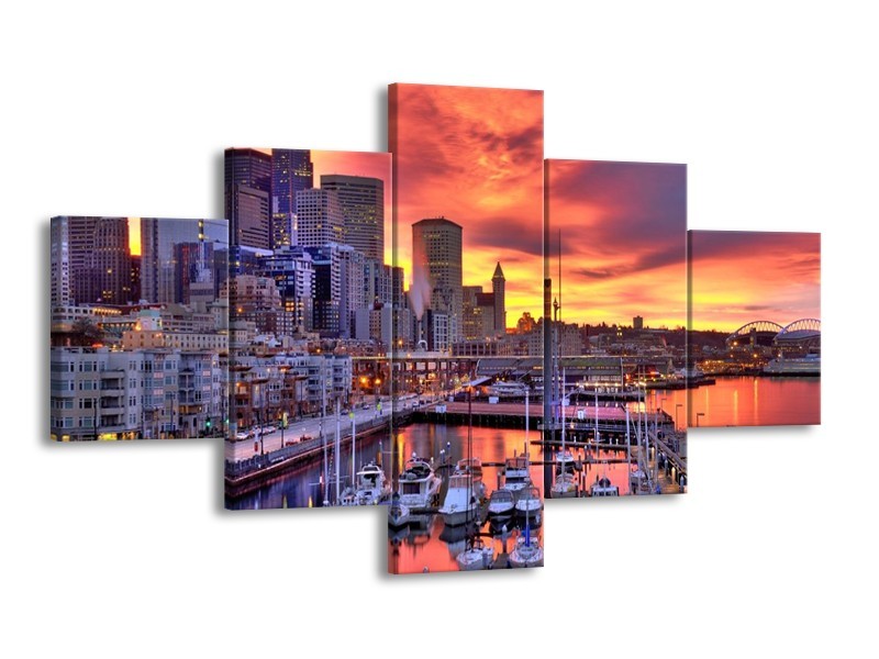 Glas schilderij Haven | Oranje, Rood, Grijs | 125x70cm 5Luik