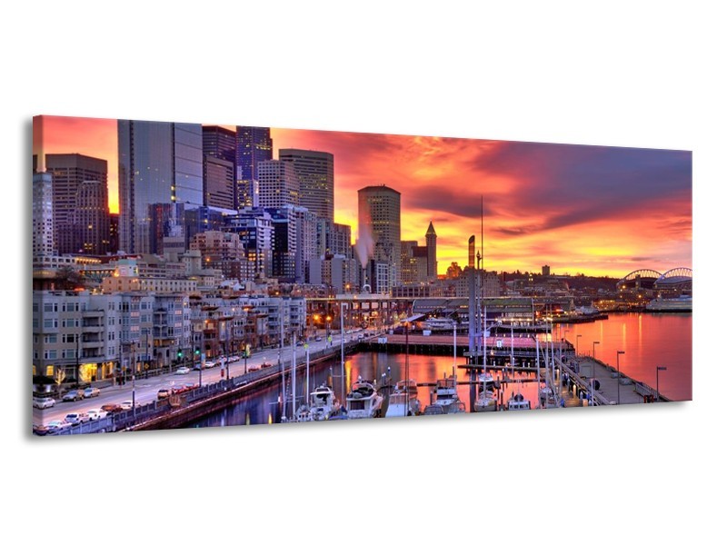 Canvas schilderij Haven | Oranje, Rood, Grijs | 145x58cm 1Luik