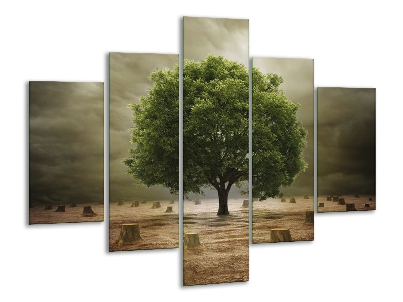 Canvas schilderij Boom | Groen, Grijs, Bruin | 100x70cm 5Luik